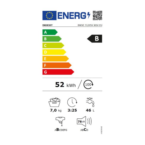 INDESIT Washing Machine BWE 71295X WSV EE, 7 kg, 1200rpm, Energy class B, Depth 57.5cm, White For Sale